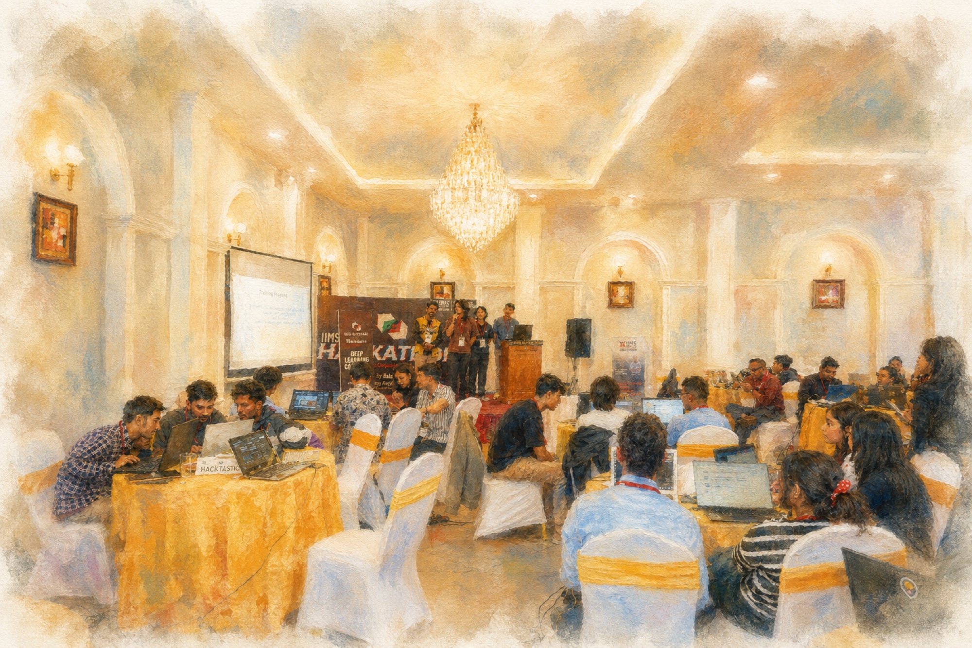 A busy hackathon venue with participant teams collaborating around laptops